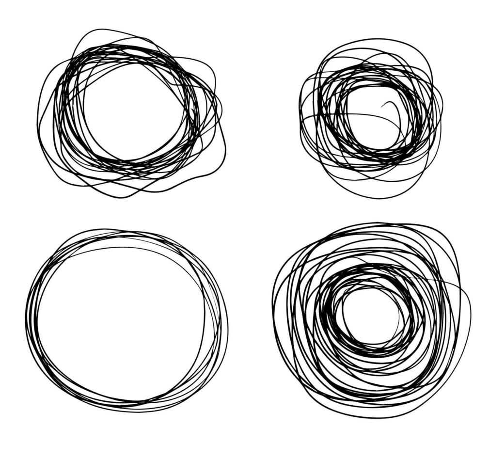 círculo de esboço. conjunto de anel preto. forma geométrica abstrata. linha emaranhada de doodle caótico. vetor