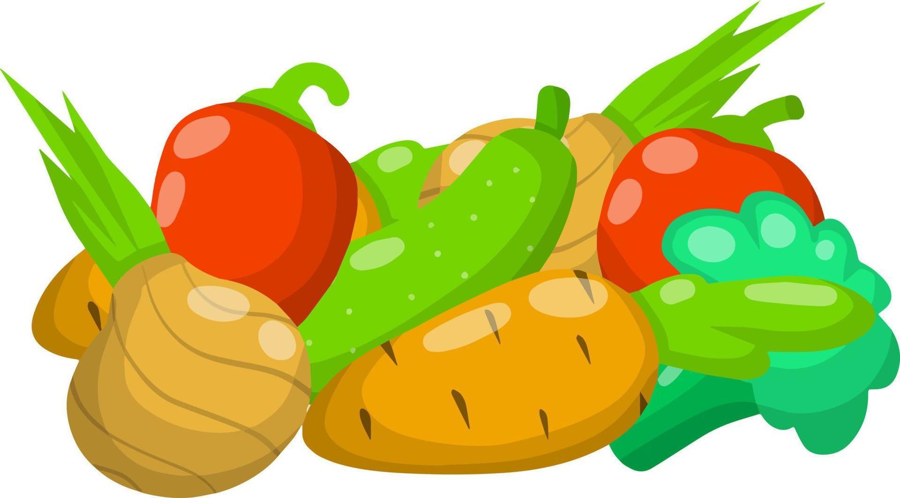 ilustração plana dos desenhos animados. produtos naturais frescos da aldeia. tomate e pimenta, cebola com pepino, brócolis, cenoura vetor