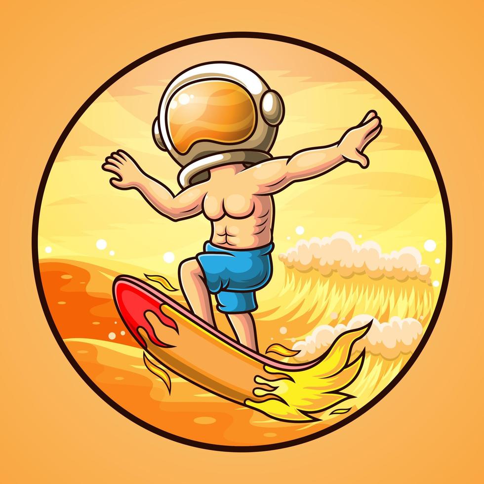 mascote logotipo astronauta surfando na praia vetor