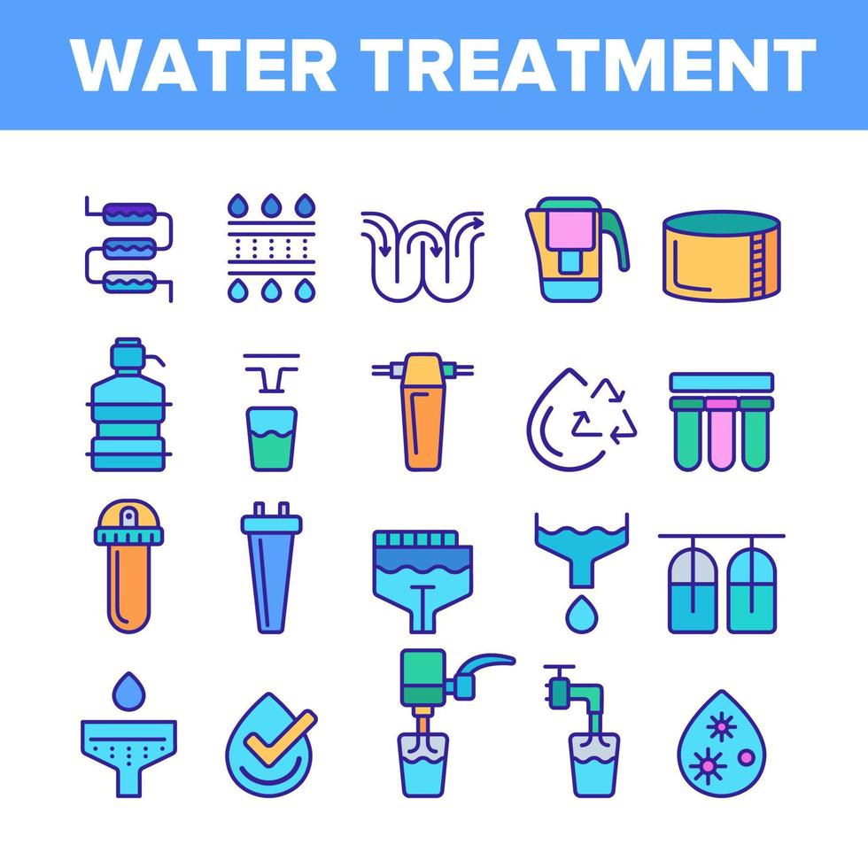 conjunto de ícones de linha de cores de vetor de tratamento de água
