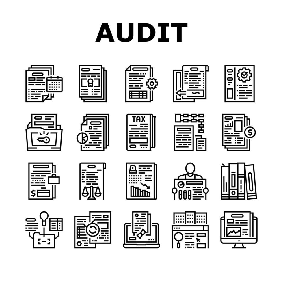 conjunto de ícones de coleção de auditoria de finanças de negócios vetor