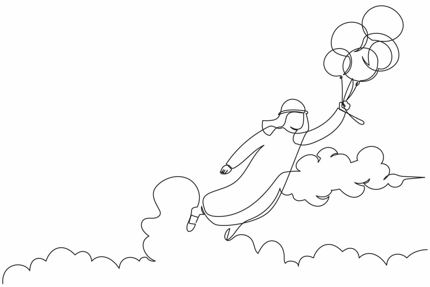 contínuo um sucesso de desenho de linha empresário árabe voando com balão. trabalhador de escritório feliz alcançar a independência financeira. metáfora de negócios. ilustração gráfica de vetor de desenho de linha única