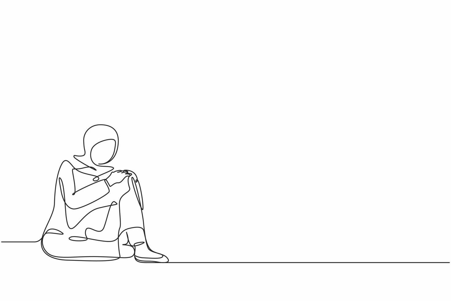 uma linha contínua desenhando uma empresária árabe muito triste sentada sozinha no chão. transtorno de mulher jovem deprimida, triste, tristeza, sintoma de decepção. ilustração gráfica de vetor de desenho de linha única