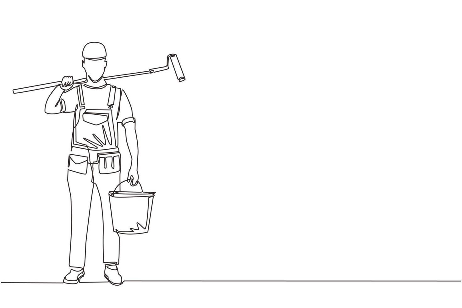 um único pintor de desenho de linha com balde de tinta e rolo de pintura. reparador profissional de macacão no fundo da renovação do apartamento. vetor gráfico de design de desenho de linha contínua moderno