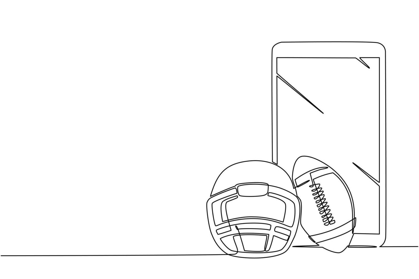 único desenho de linha contínua capacete de futebol americano e bola com smartphone. jogos de esportes móveis. jogo de futebol americano online com aplicativo móvel ao vivo. vetor de design gráfico de desenho de uma linha