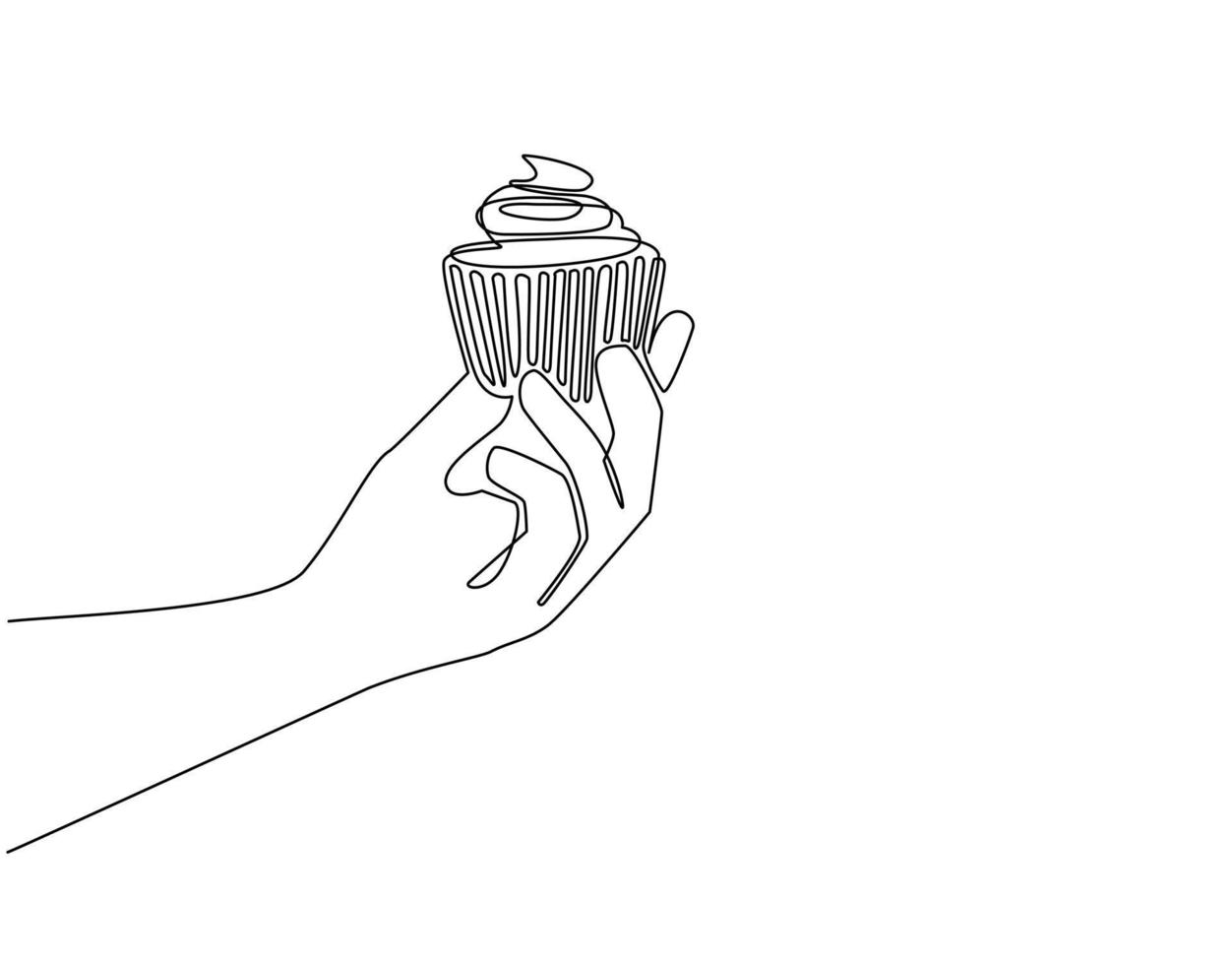 uma linha contínua de desenho de mão segurando o cupcake. bolo de aniversário em festa. conceito de celebração de férias. surpresa e alegre com chantilly doce assado. ilustração vetorial de design de desenho de linha única vetor