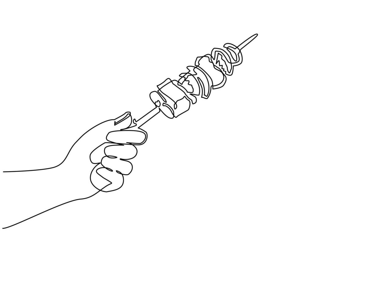 uma linha contínua desenhando a mão humana segurando o kebab. mão segurando espetos com carne assada. churrasco de comida tradicional, bifes, kebab ou shashlik. ilustração gráfica de vetor de desenho de linha única