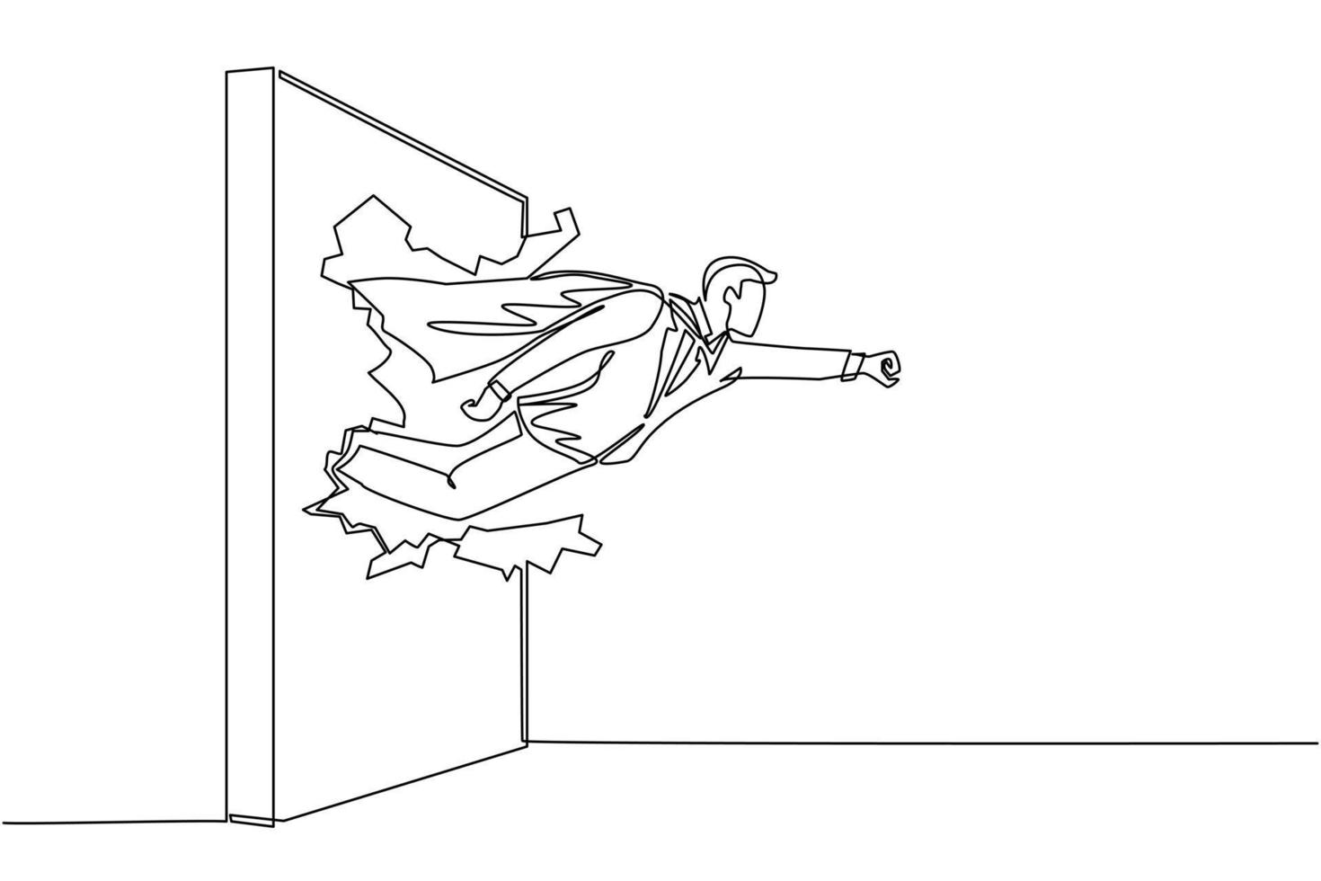 contínuo um super empresário de desenho de linha soca e quebra a parede. homem voador quebra a parede. poder do conceito de negócio, sucesso e superar as dificuldades. gráfico de vetor de design de desenho de linha única