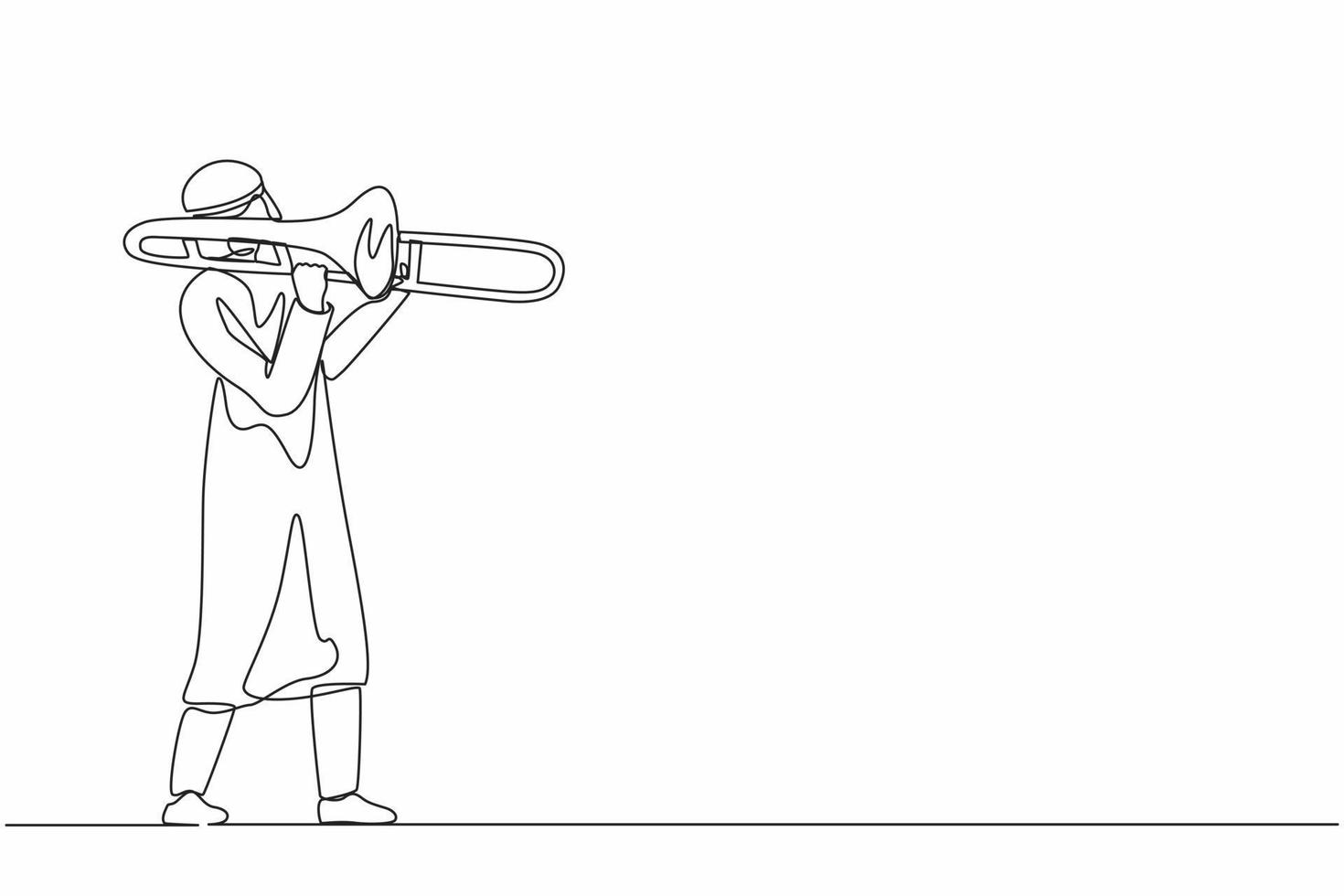 jogador de trombone árabe de desenho de linha contínuo. artista masculino toca instrumento de sopro. menino artista musical. homem de jazz. músico toca trompete. evento de música clássica. vetor de design gráfico de desenho de linha única