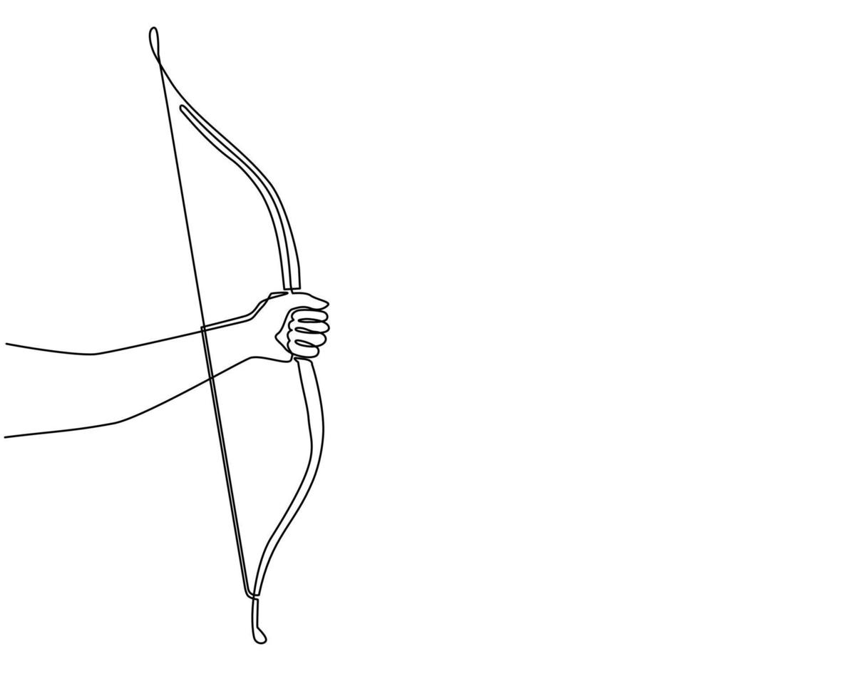 mão de desenho de linha contínua única segurando o símbolo de arco de madeira. esporte tradicional de arco e flecha de madeira. equipamento de tiro com arco com seta isolada. ilustração em vetor design gráfico de desenho gráfico de uma linha dinâmica