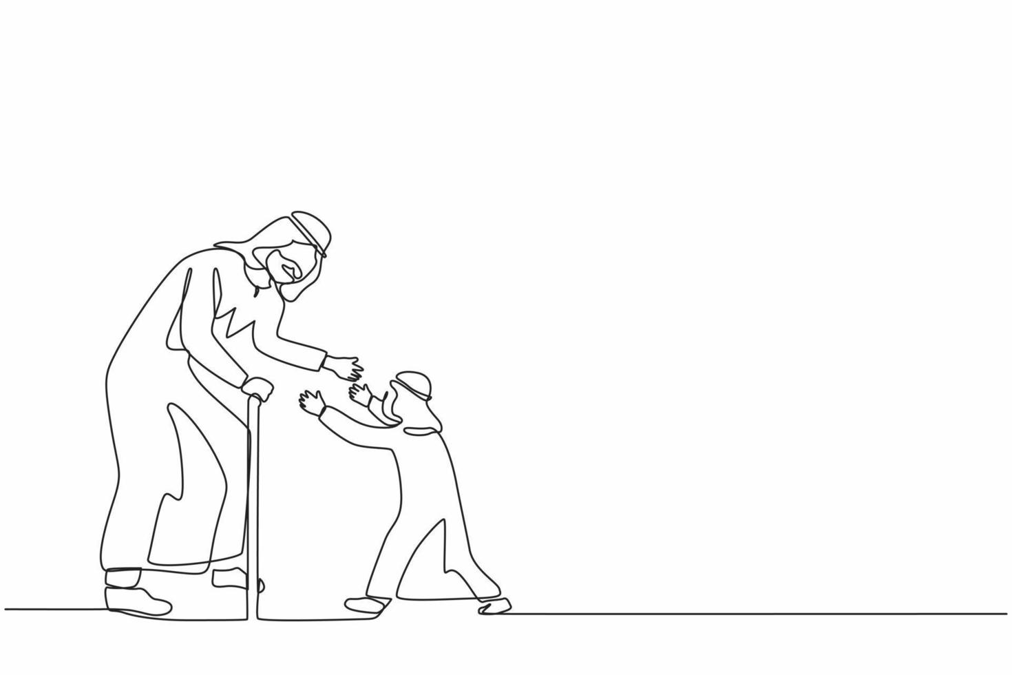 único desenho de uma linha menino feliz correndo para abraçar seu avô. neto árabe visitando avós. homem sênior dando boas-vindas ao neto em casa. ilustração em vetor design de desenho de linha contínua