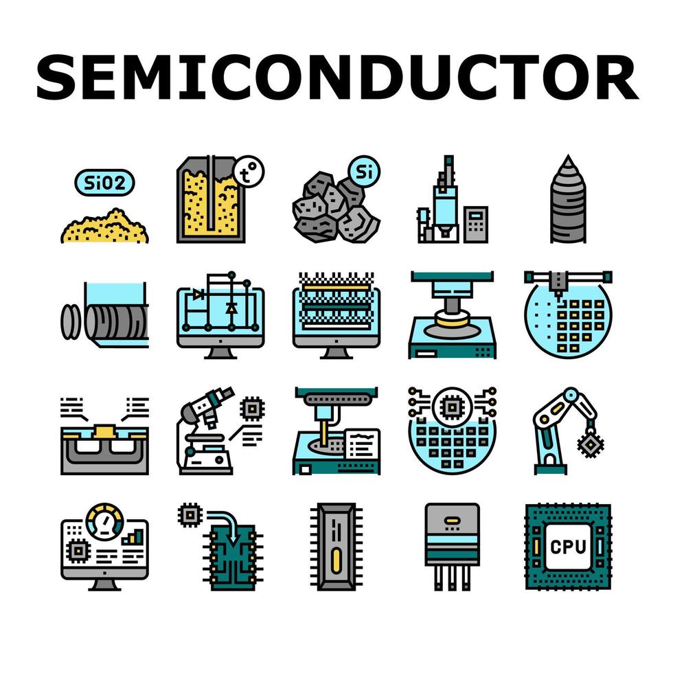 conjunto de ícones de fábrica de semicondutores vetor