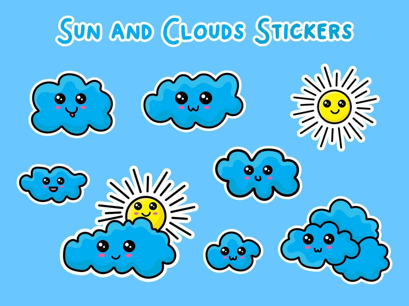 elementos bonitos do clima e do céu. sol kawaii, nuvens. adesivos vetoriais para crianças, elementos de design isolados. rótulos de crianças vetor