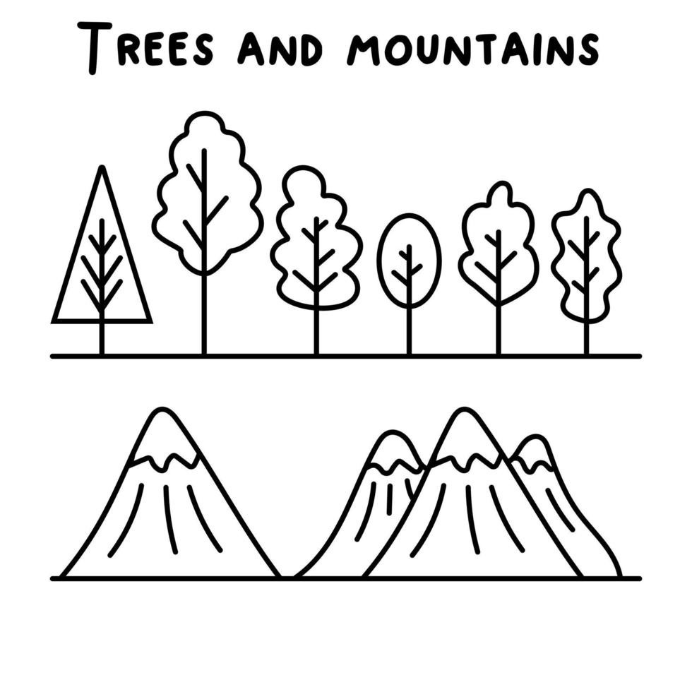 conjunto desenhado à mão com árvores e montanhas vetor