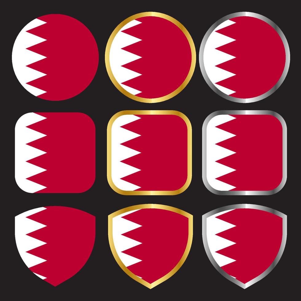 ícone de vetor de bandeira do Bahrein definido com borda de ouro e prata