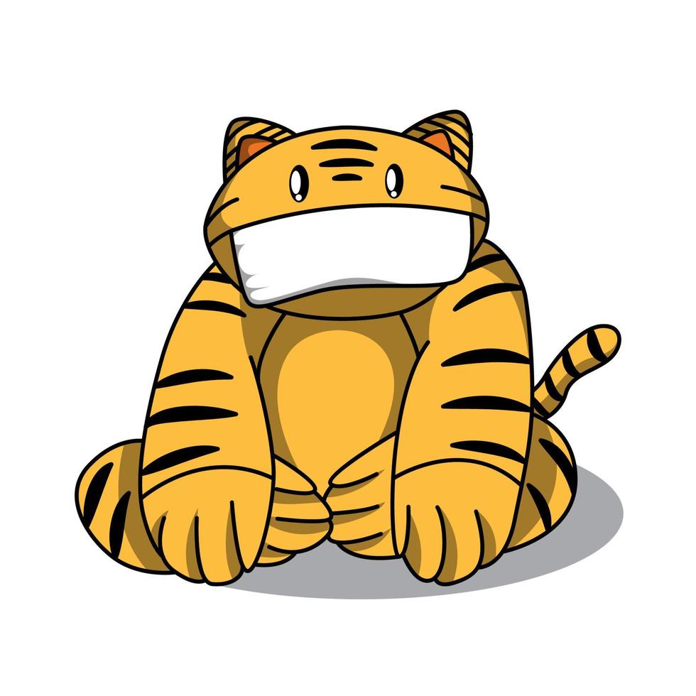 desenho de mascote tigre bonito e gordo usando máscara vetor