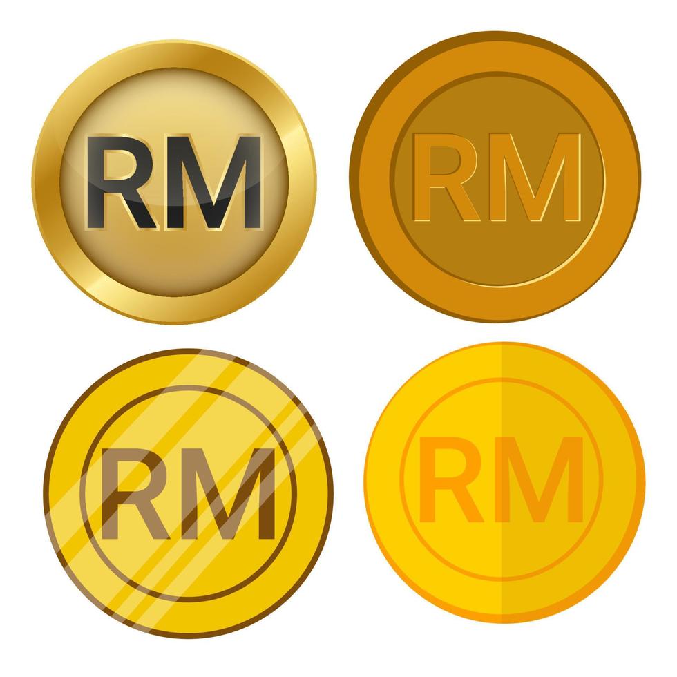 quatro moedas de ouro de estilo diferente com conjunto de vetores de símbolo de moeda ringgit