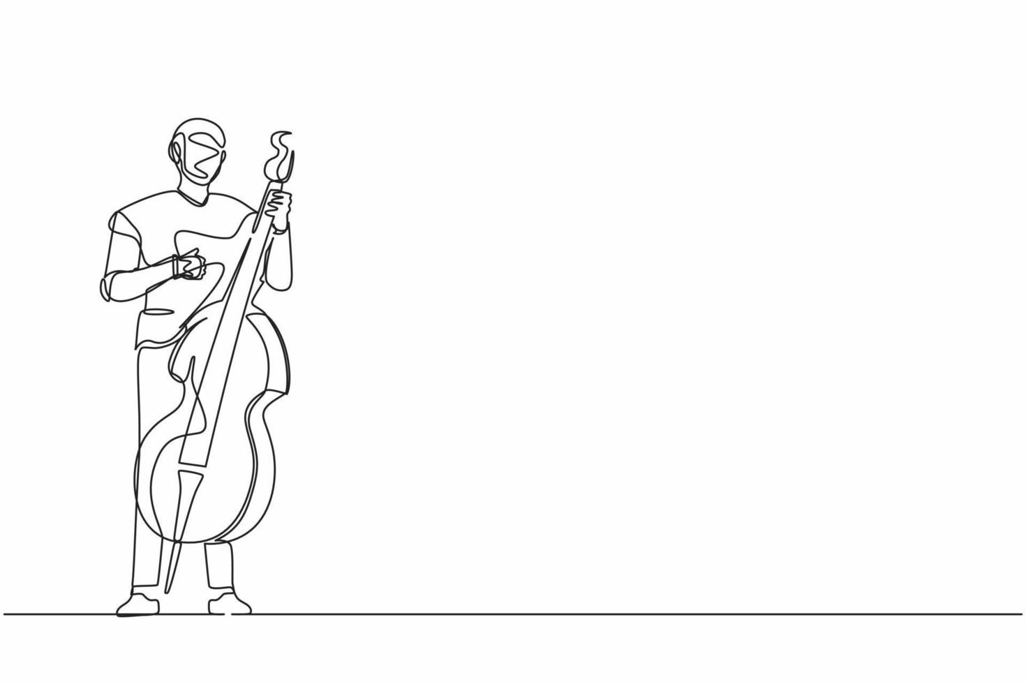 músico robô de desenho contínuo de uma linha tocando contrabaixo ou contrabaixista com o dedo. organismo cibernético robô humanóide. futuro desenvolvimento robótico. ilustração vetorial de desenho de linha única vetor