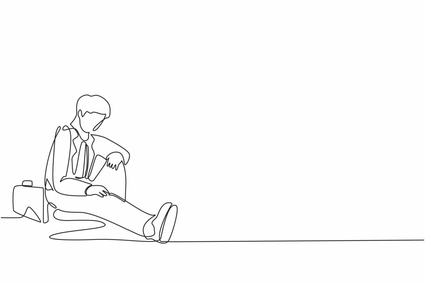 único desenho de uma linha empresário deprimido com maleta sentado em desespero no chão. expressão de gesto triste do empresário. síndrome de burnout profissional. vetor de design gráfico de linha contínua