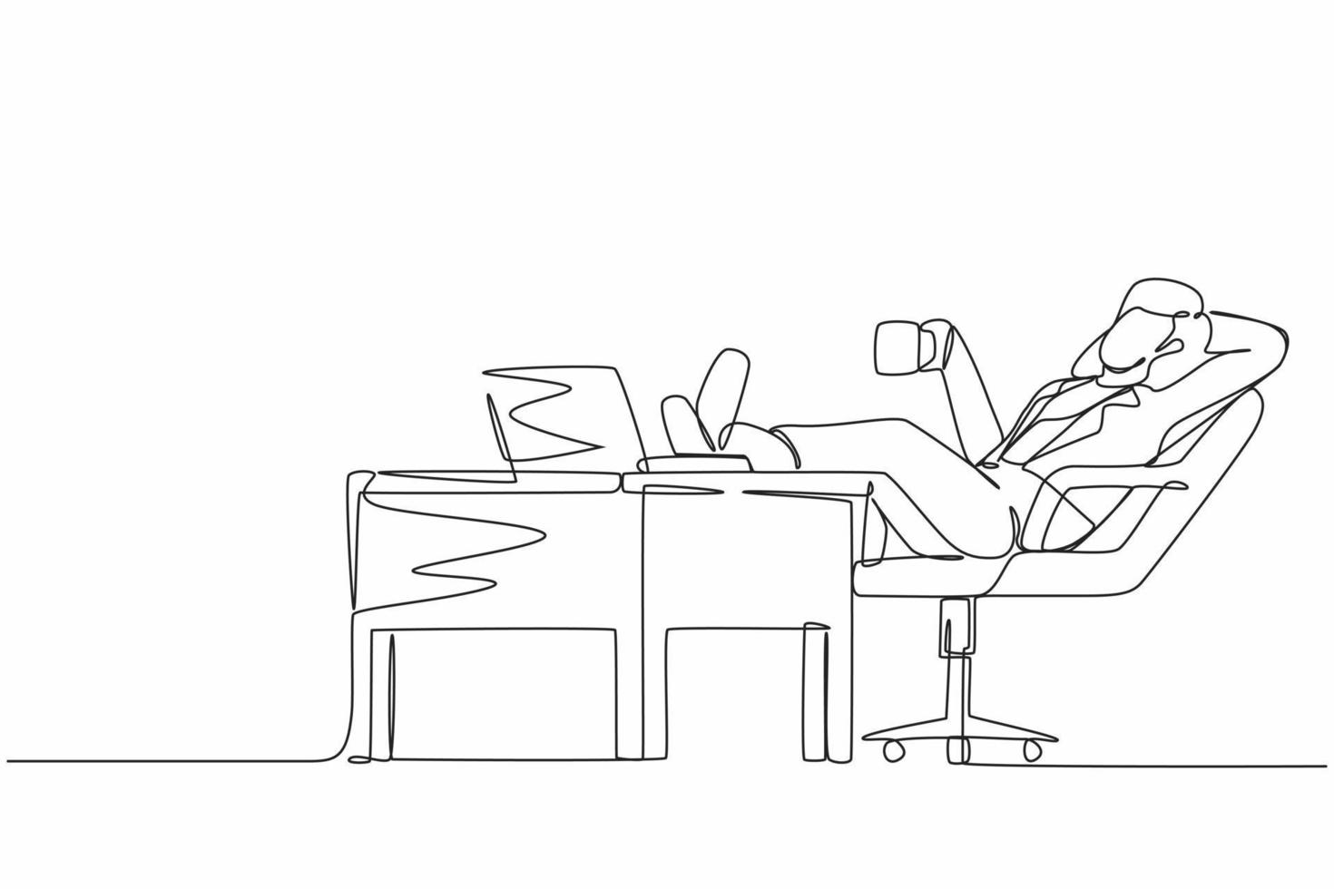 empresária de desenho de linha contínua única trabalha relaxada na mesa e bebe café. design plano de personagem de funcionário trabalhando com computador portátil. uma linha desenhar ilustração em vetor gráfico