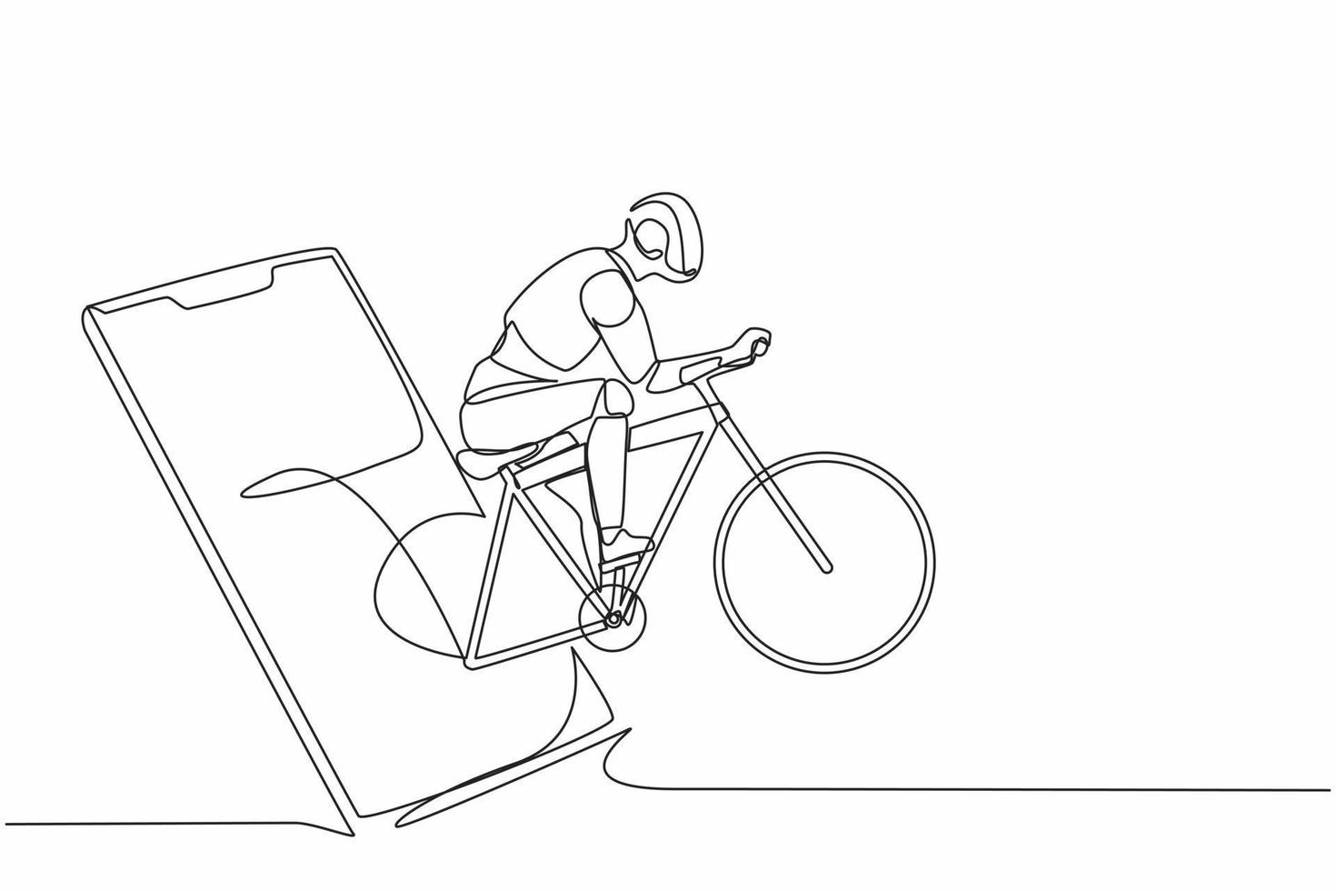 únicos robôs de desenho de linha contínua saem do telefone celular e pedalam uma bicicleta de estrada. tecnologia de inteligência artificial de robótica moderna. tecnologia Eletrônica. vetor de design gráfico de uma linha