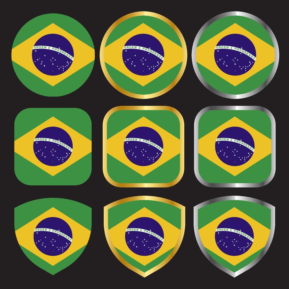 conjunto de ícones de vetor de bandeira do brasil com borda de ouro e prata