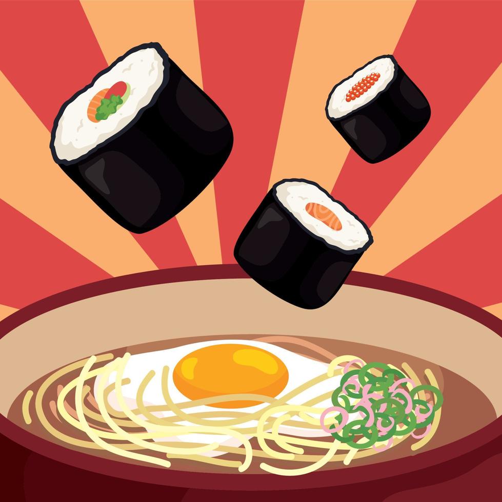 rolos de ramen e sushi vetor