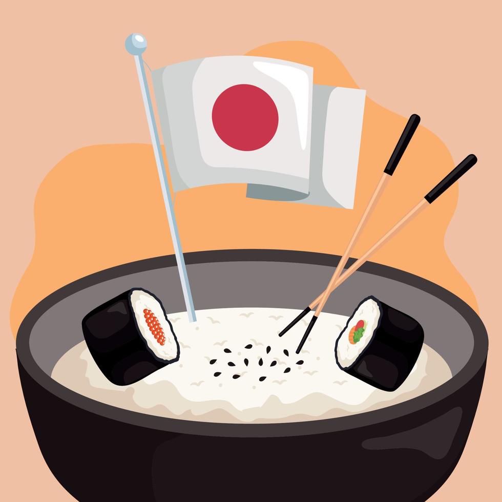 sopa japonesa e sushi com bandeira vetor