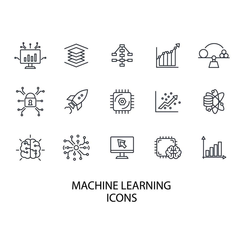 conjunto de ícones de aprendizado de máquina. elementos de vetor de símbolo de pacote de aprendizado de máquina para web infográfico