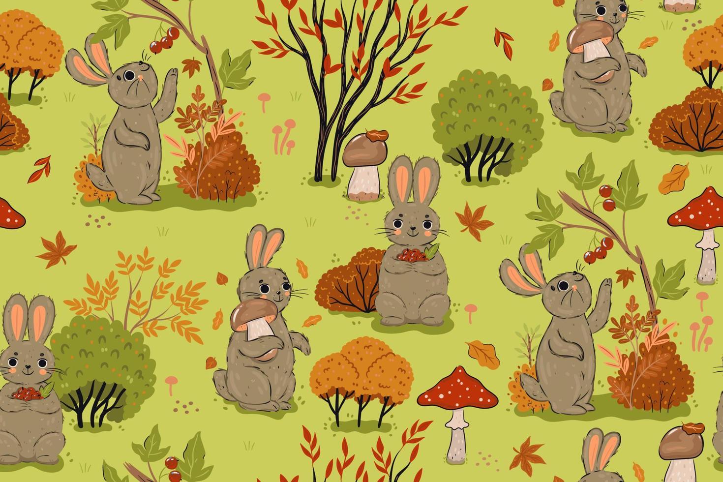 padrão sem emenda com coelhos na floresta de outono. gráficos vetoriais. vetor
