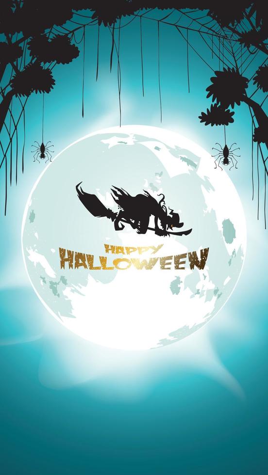 bruxa escura de halloween voando com lua no céu azul, aranhas e morcegos, ilustração. modelo de panfleto ou convite para banner, festa, convite. ilustração vetorial com lugar para o seu texto vetor