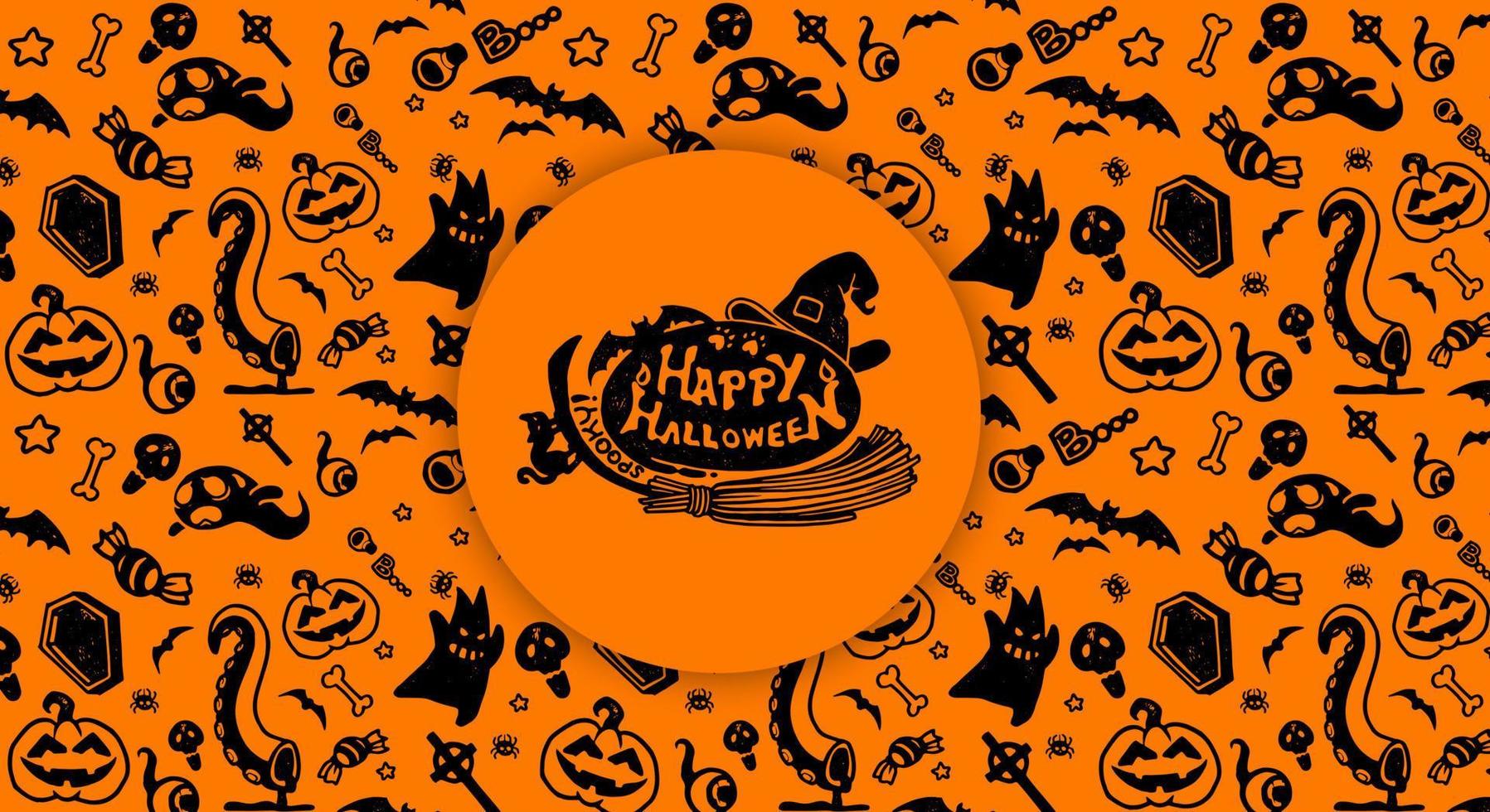 padrão sem emenda festivo laranja de halloween. fundos infinitos com abóboras, caveiras, morcegos, aranhas, fantasmas, ossos, doces, teias de aranha e muito mais. vetor