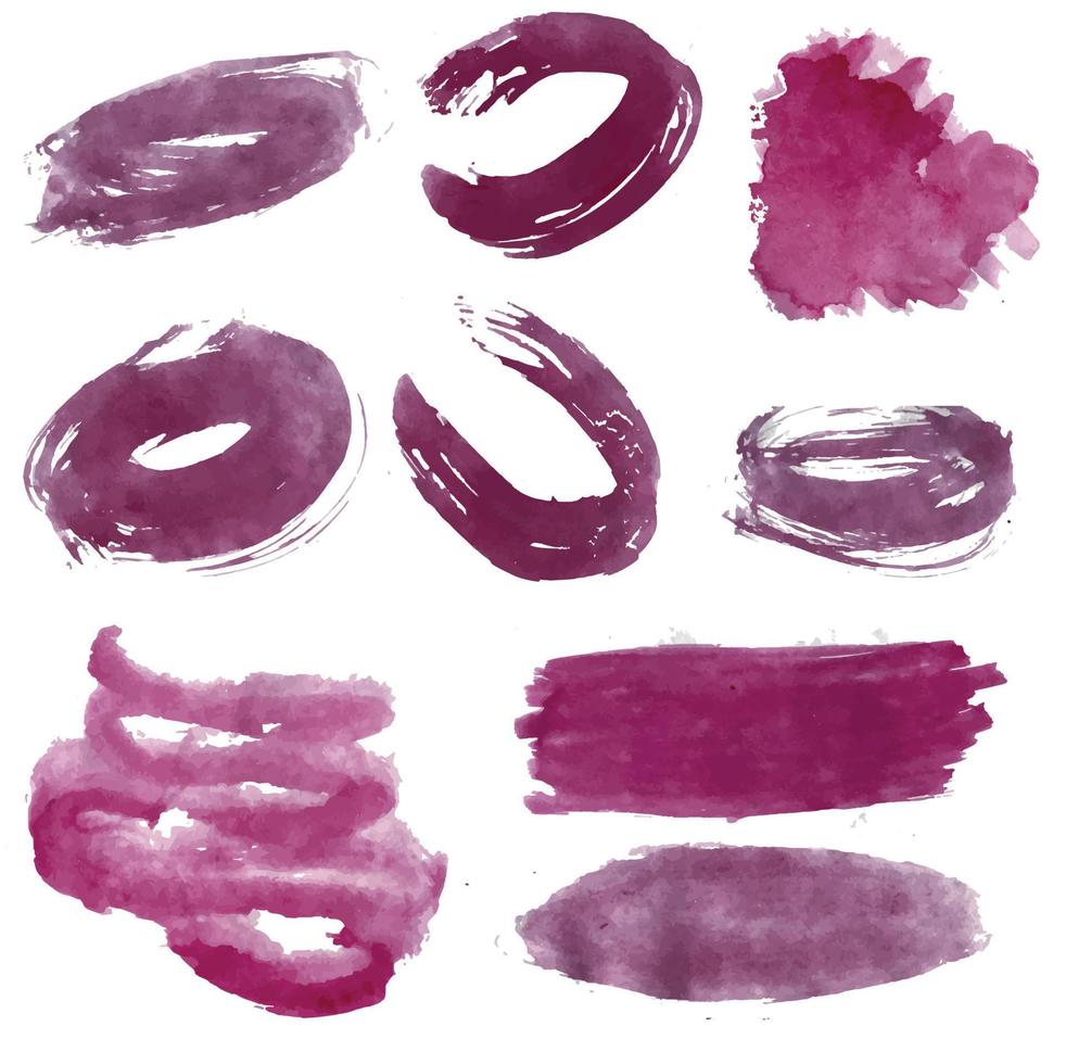 conjunto de manchas de aquarela e quadros. manchas de cor acrílica violeta malva. textura de aquarela com pinceladas. retângulo, ponto. rosa, roxo claro roxo. vetor isolado no branco.