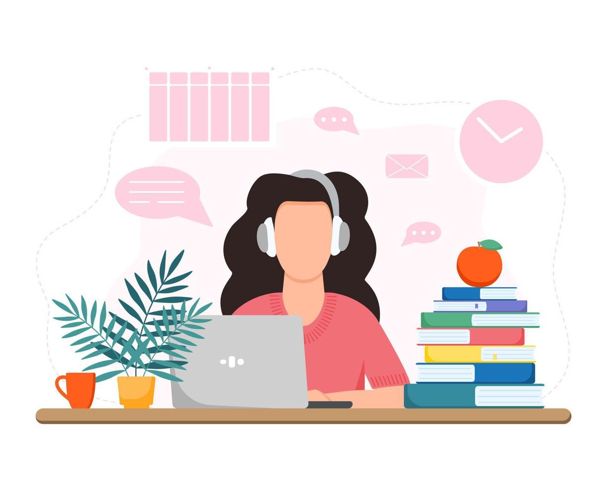 trabalhando ou estudando em casa. menina sentada à mesa. conceito de educação on-line. freelance. vetor