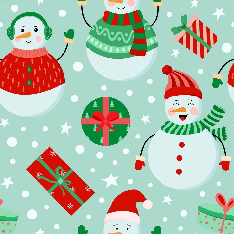 bonecos de neve festivos de férias de inverno, padrão perfeito de caixas de presente em fundo brilhante, perfeito para papel de embrulho, saudações de inverno, plano de fundo. vetor