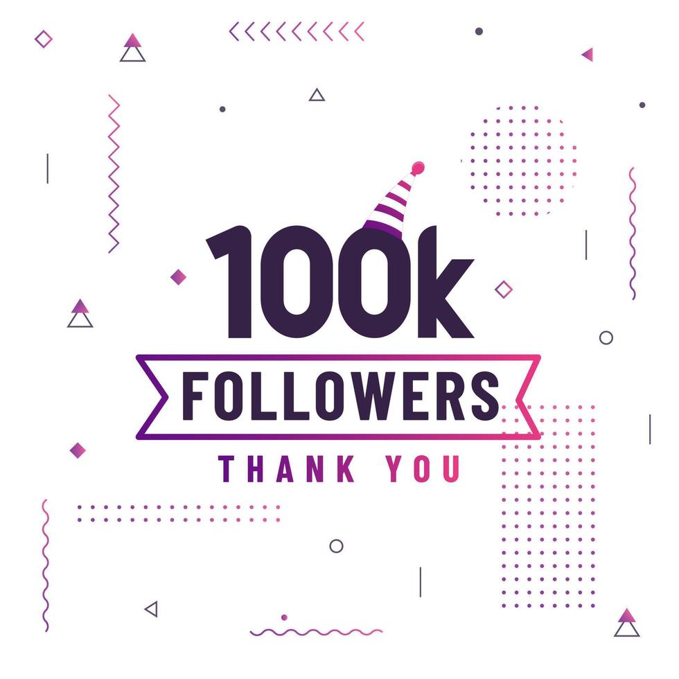 obrigado 100k seguidores, 100.000 seguidores celebração design colorido moderno. vetor