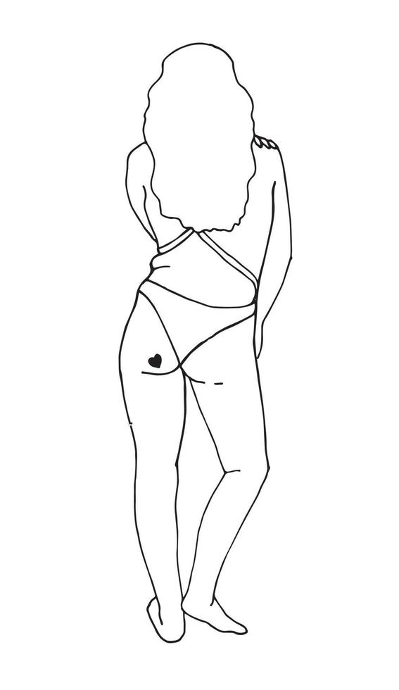 desenho de linha simples. silhueta de uma garota plus size em um biquíni. coração de tatuagem no papa. vista de trás. feminismo, corpo positivo. mulher pós-parto vetor