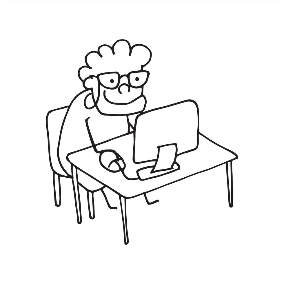 ilustração vetorial em estilo doodle. mulher idosa bonita sorrindo trabalha com computador. idosos, velhos dominam novas tecnologias, computadores, internet. trabalhar em casa, estudar vetor