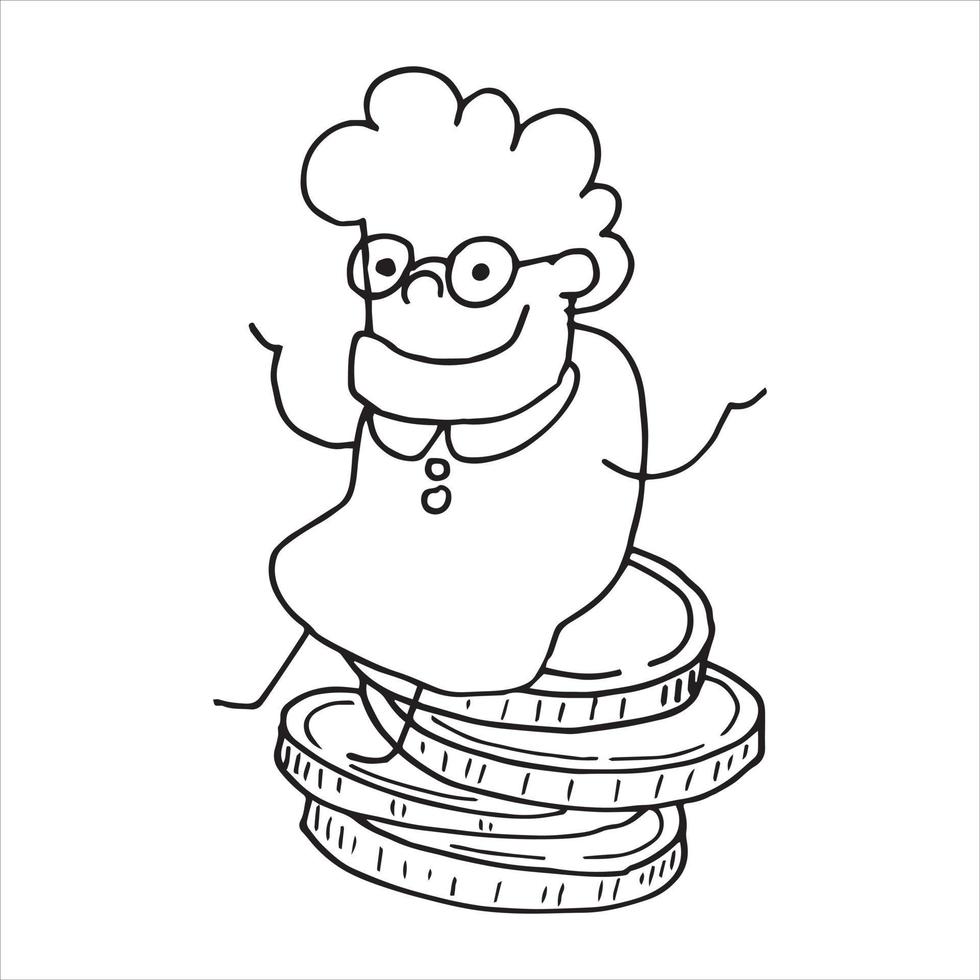 ilustração vetorial em estilo doodle. mulher idosa, avó e dinheiro. símbolo de alfabetização financeira, poupança, pensão, renda, lucro, investimento. vetor