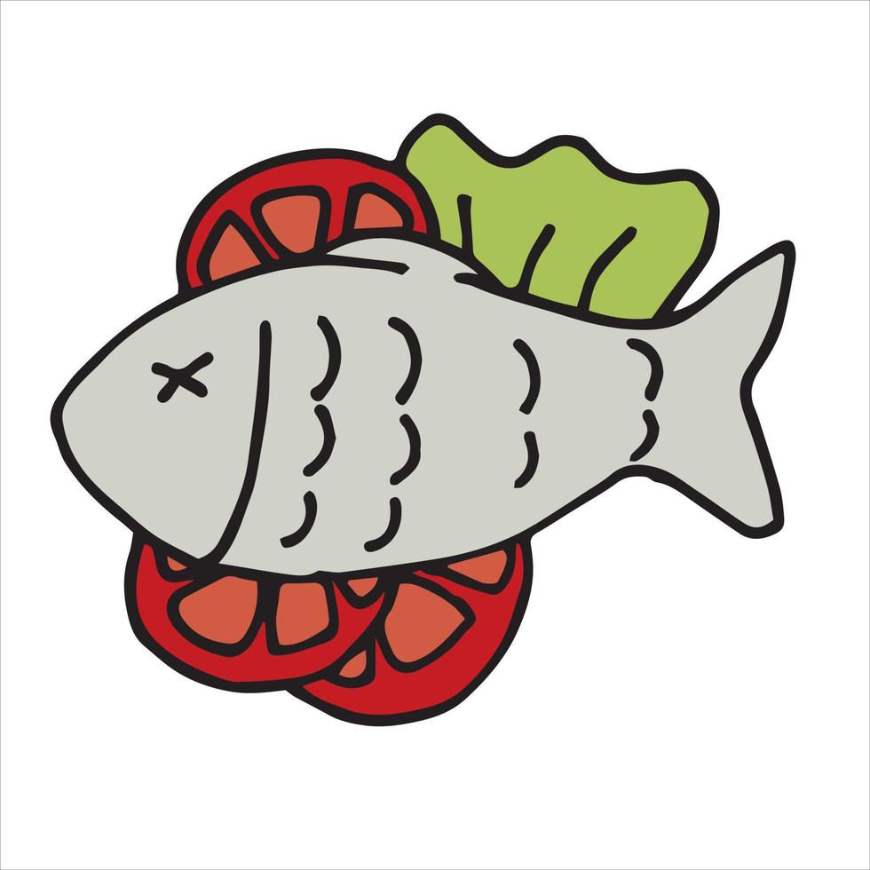 estilo de doodle vetorial, desenho animado. peixe com legumes. ícone bonito de peixe assado com legumes, tomate e salada. clipart almoço, jantar, comida vetor