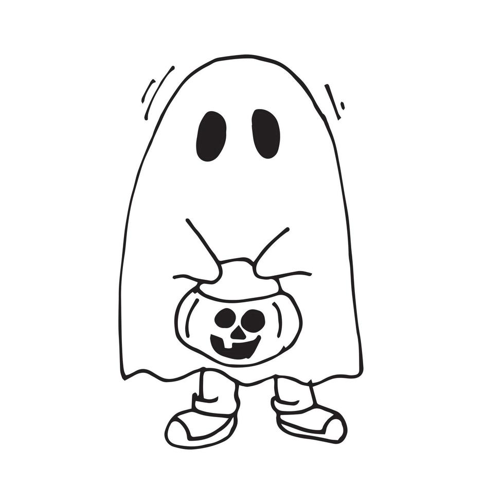 ilustração vetorial em estilo doodle. pequeno fantasma. desenho simples sobre o tema do halloween, um fantasma fofo. isolado no fundo branco, design para férias, para crianças vetor