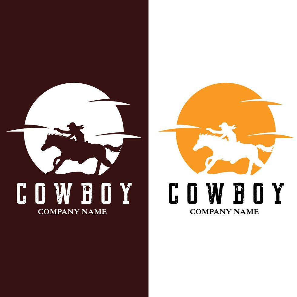 homem cowboy andando a cavalo poderosamente silhueta ao pôr do sol, design de logotipo de ícone vetor