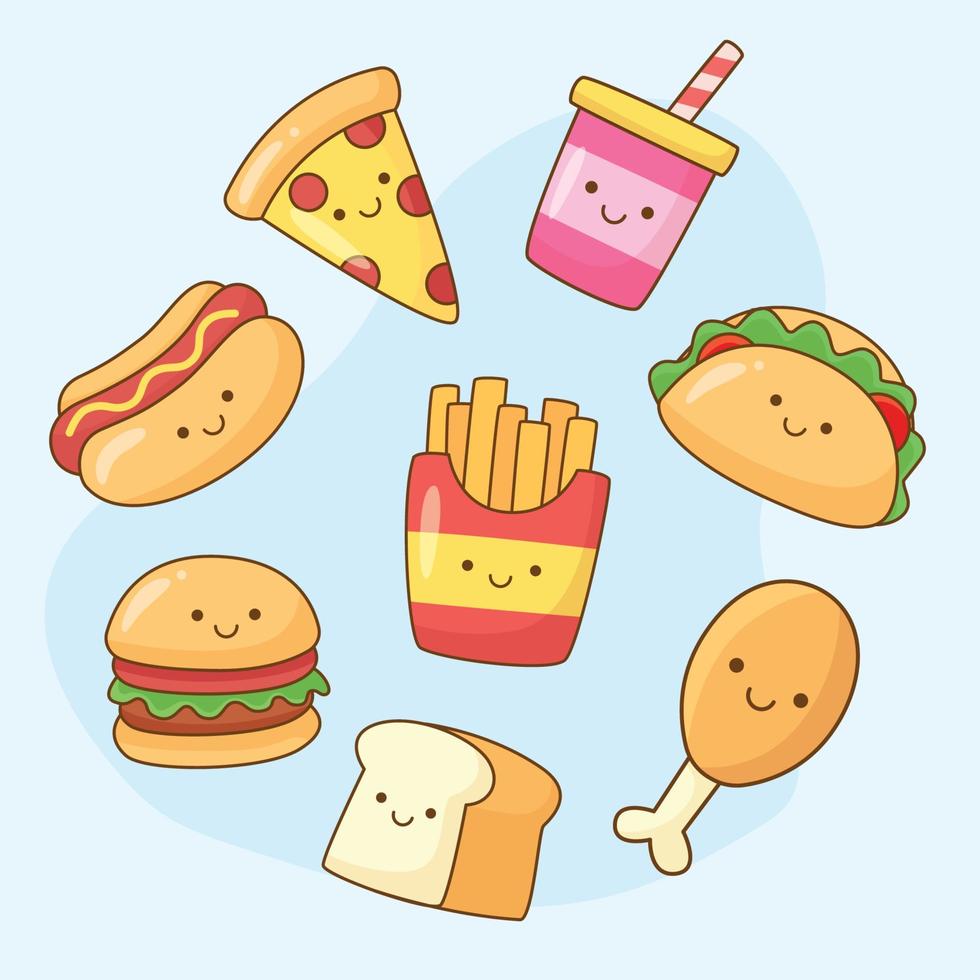 conjunto de ícones de elementos de junk food kawaii vetor