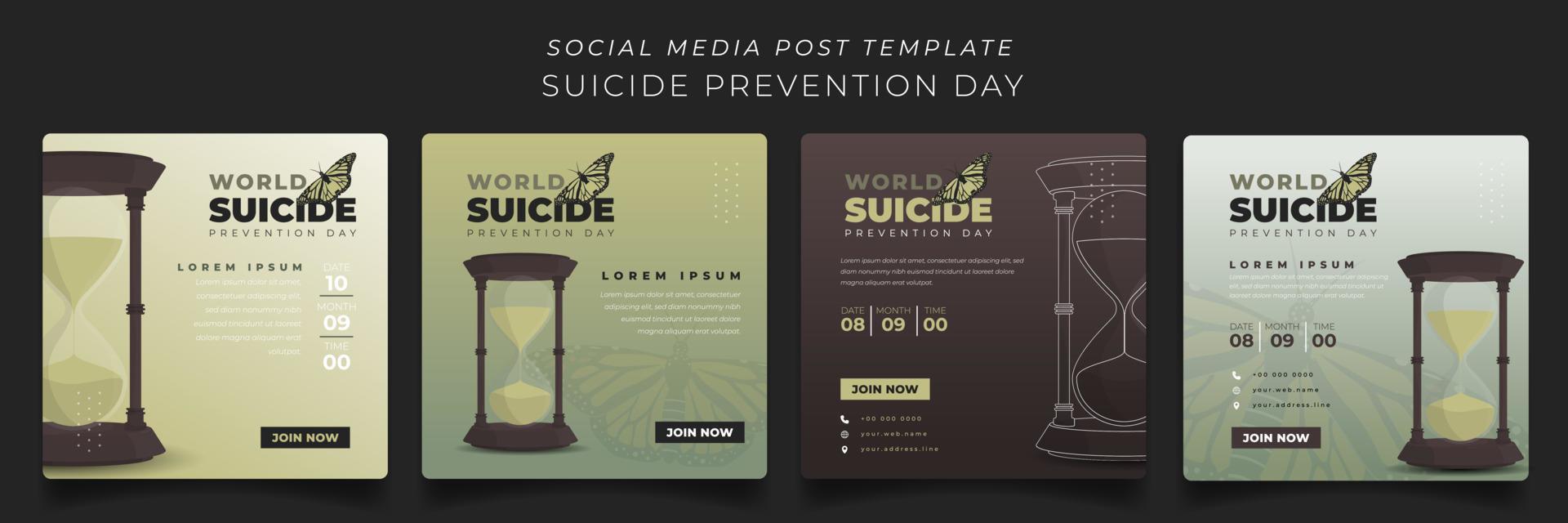 conjunto de postagem de mídia social com temporizador de areia e fundo marrom verde para projeto de prevenção de suicídio vetor