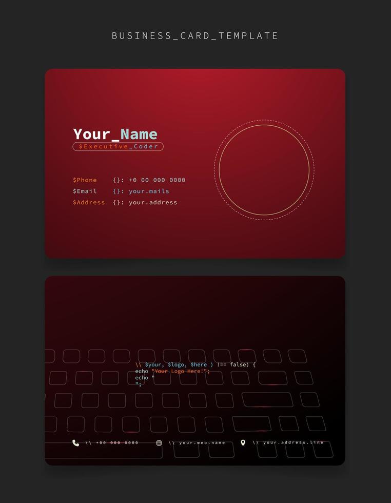 cartão de identificação vermelho ou modelo de cartão de visita com conceito de texto de codificação para design de identidade do programador vetor
