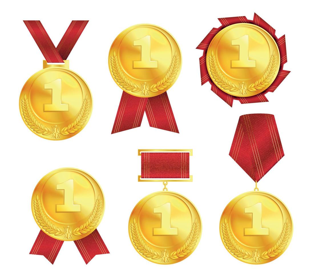 medalhas de ouro com fitas vermelhas vetor
