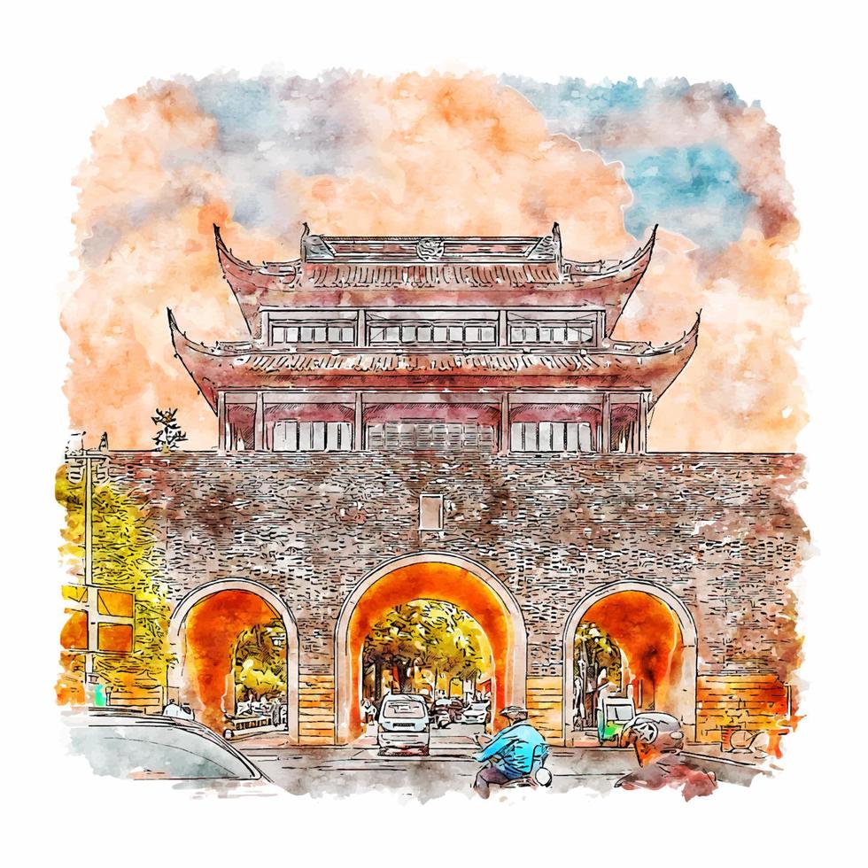 suzhou china esboço em aquarela ilustração desenhada à mão vetor