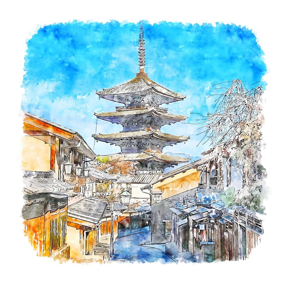 hokan ji templo kyoto japão esboço em aquarela ilustração desenhada à mão vetor
