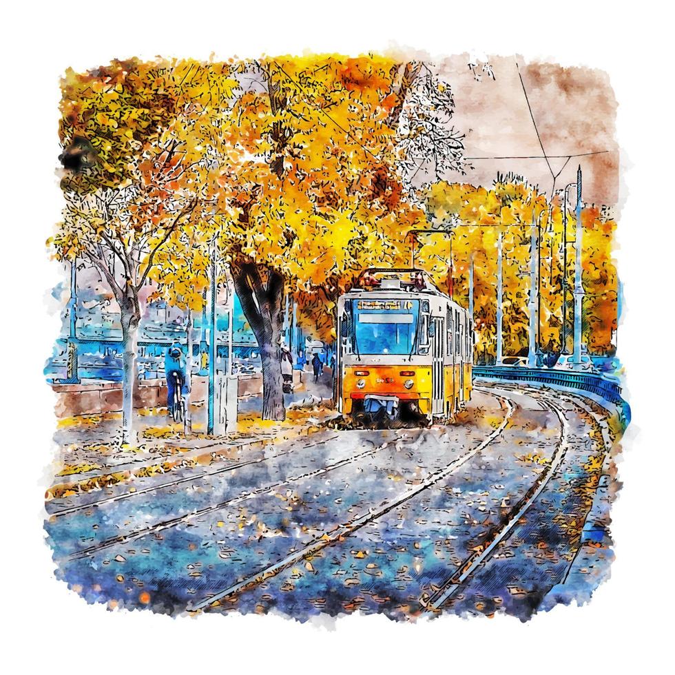 trem amarelo budapeste esboço em aquarela ilustração desenhada à mão vetor