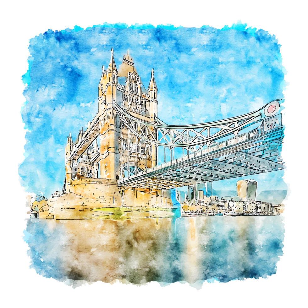 Tower bridge londres esboço em aquarela ilustração desenhada à mão vetor